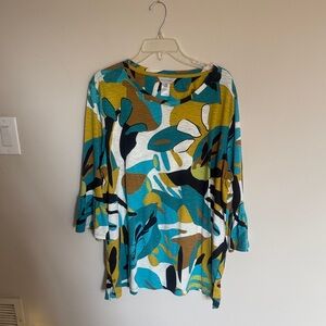 Alfani Teal Mustard Abstract Scoop-Neck Tunic